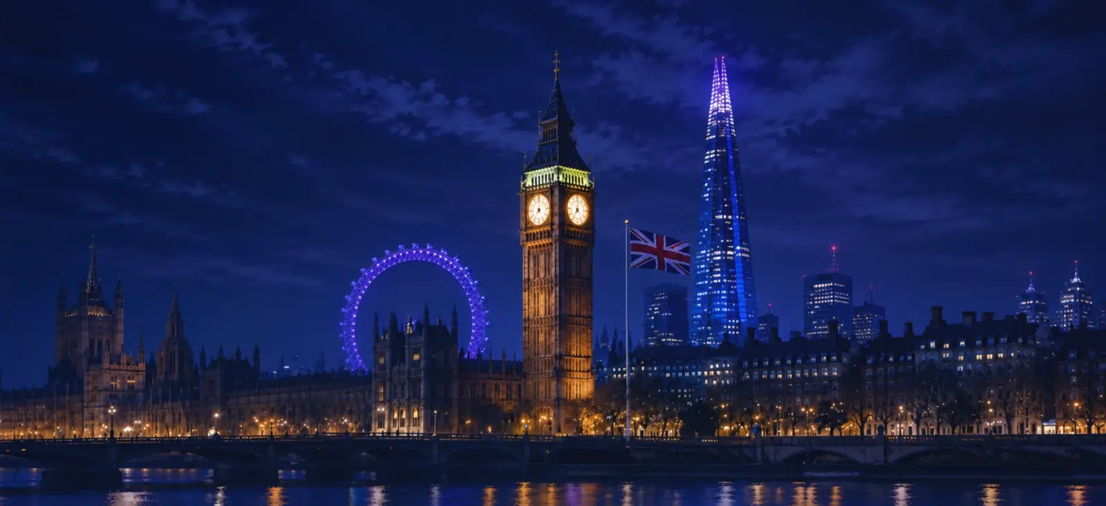 Skyline di Londra di notte con Big Ben e London Eye – immagine hero per So Visibility, brand increase e digital presence.