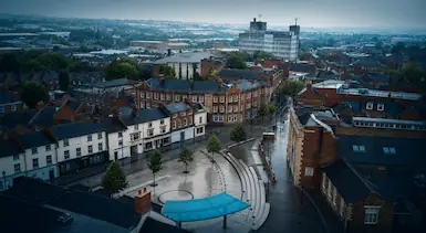 Kettering town centre viewed from above with historic streets and commercial buildings, representing TradeHub Platform supporting local trade businesses with websites, SEO and online growth systems.
