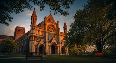 St Albans Cathedral in warm evening light, representing TradeHub Platform helping St Albans trade businesses improve online visibility with professional websites, local SEO and growth systems.